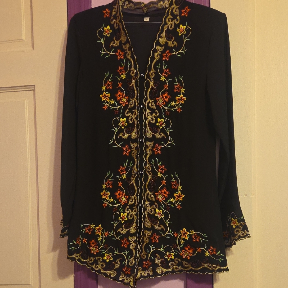 Antik Batik Black Embellished Blouse with Mandarin Collar
